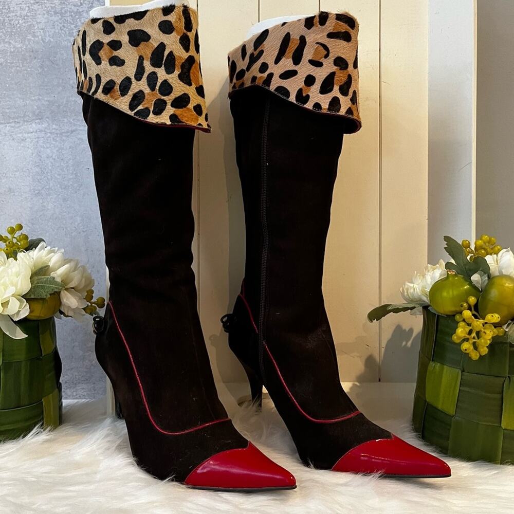 NEW NYLA Suede Leopard Hair Calf Ryba Classic High Heel Knee Boots Chocolate… - Picture 9 of 16
